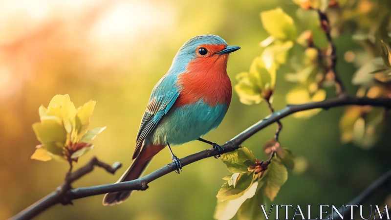Vibrant blue and red songbird perched on a spring branch, natural light.