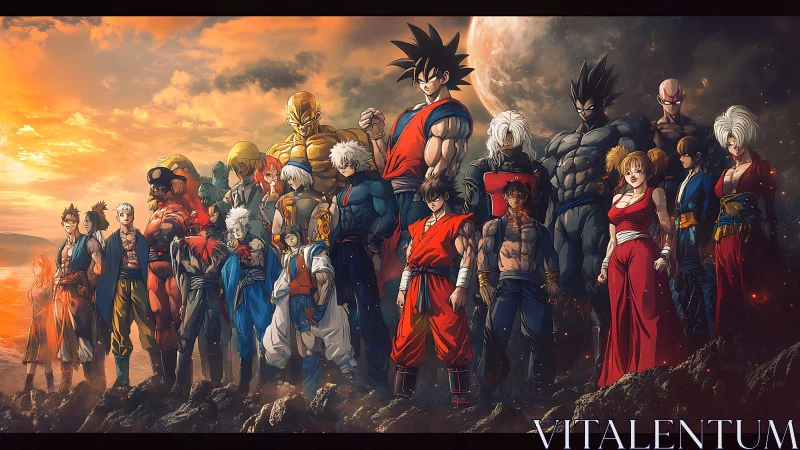 Large group of anime warriors stand on rocky ground at sunset