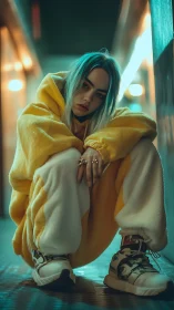 Urban neon portrait of girl in oversized yellow fleece.