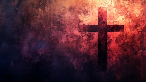 Dark cruciform silhouette cuts through fiery textured haze