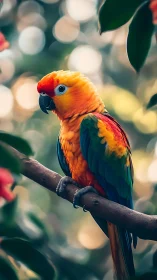 Jungle sunrise parrot perched in shimmering bokeh light.
