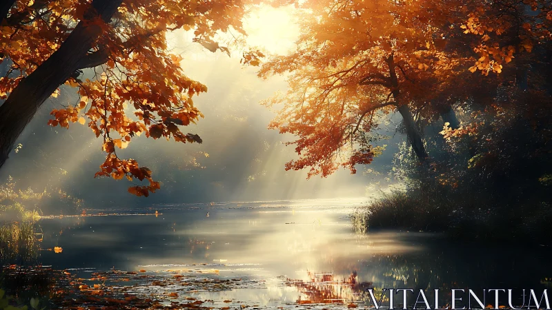 Autumn sunlight over misty forest river with glowing trees.