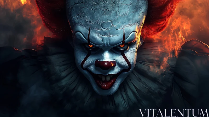 Fiendish clown lunges from flame lit shadows with feral grin.