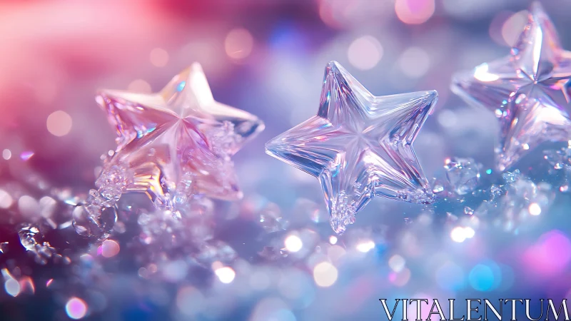 Crystal star ornaments in iridescent pastel bokeh glow.