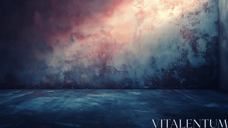 Empty textured room with blue floor and pink light glow.