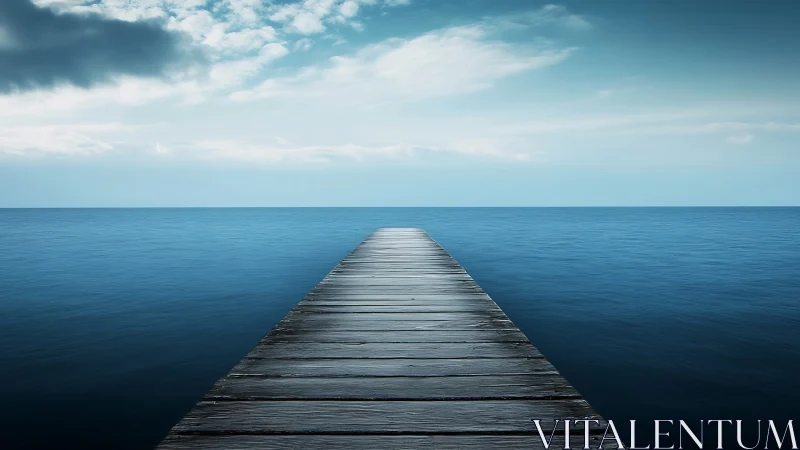 Wooden pier extending into calm open sea under clouds.
