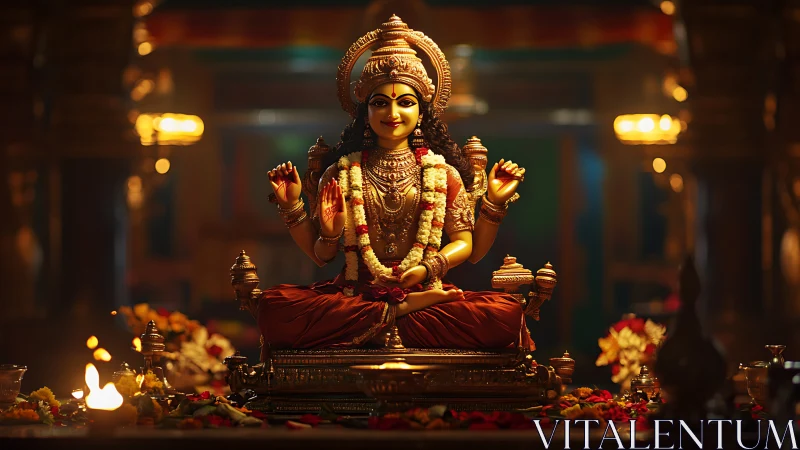 Temple glow crowns the serene goddess in jeweled stillness