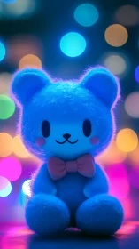 Blue plush bear portrait under neon bokeh stage lighting.
