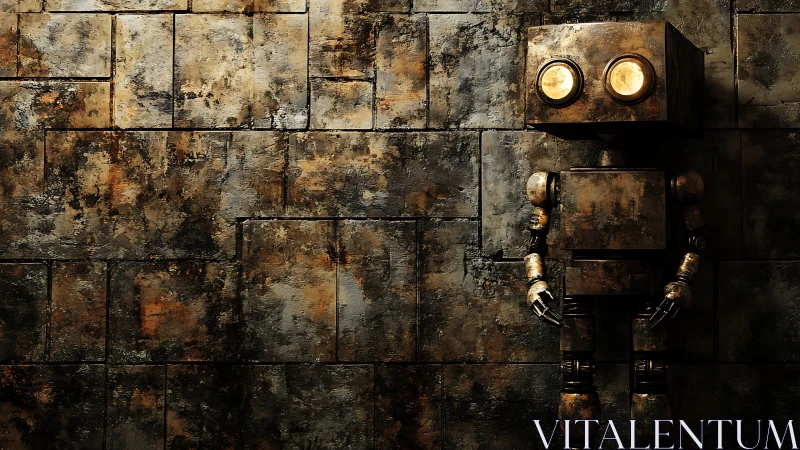 Rusty wall robot with glowing eyes in quiet daydream.