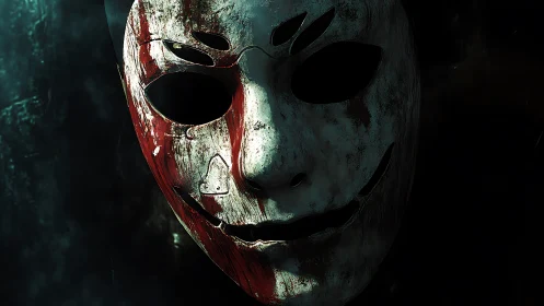 Cracked bloodstained mask in harsh cinematic side light.