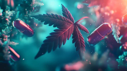 Cannabis Leaf and Capsules in Futuristic Neon Abstract Style.