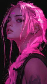 Neon-braided rebel gazes skyward in ultraviolet quiet.