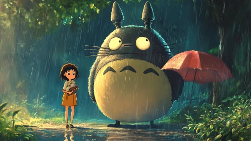 Forest spirit and child sharing red umbrella in rainstorm.