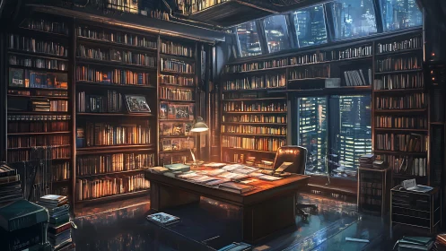 Futuristic high rise library office glows above neon city