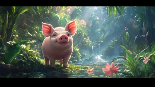 Luminescent piglet in refracted rainforest creek environment.
