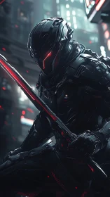 Armored humanoid with sword in dense urban night environment