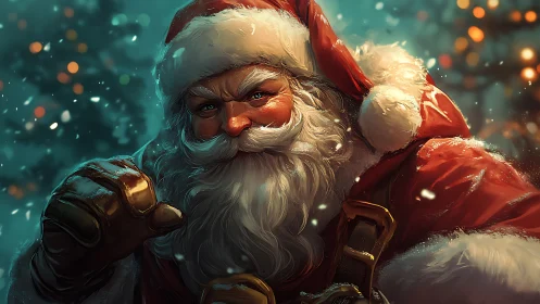 Santa in swirling snow, glowing with cozy winter cheer.