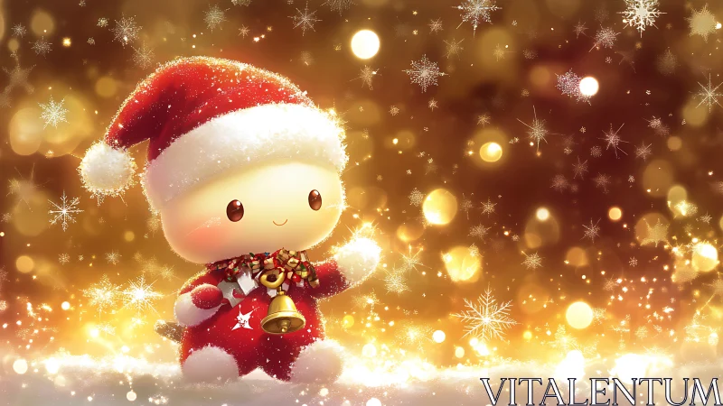 Kawaii Christmas mascot in glowing bokeh snowfield.