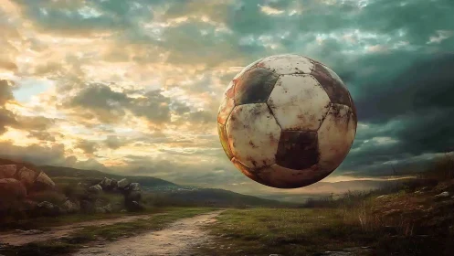 Weathered giant football drifts over storm-lit countryside sky.