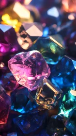 Multicolored faceted gemstones in close-up studio view.
