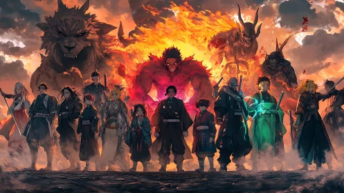 Epic anime ensemble with demonic guardians in blazing panorama.