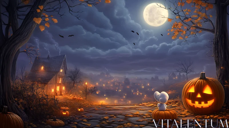 Moonlit Halloween hill with pumpkins and small figure.