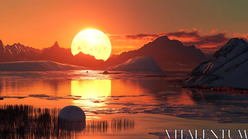 Digital painting of polar sunset with luminous glacial horizon.