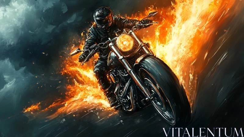 Motorcyclist in incandescent plasma wake on stormed asphalt.