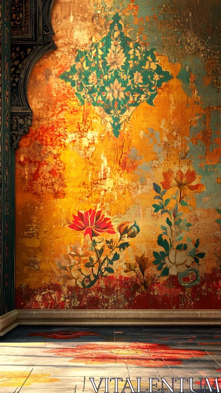 Sunlit floral mural glows against an aged ornate wall
