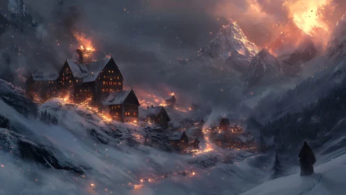 Mountain Village Ablaze Under Ominous Skies.
