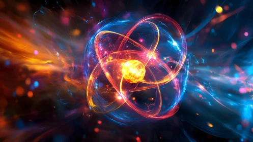 Glowing Atomic Structure in Vibrant Abstract Digital Art Style.