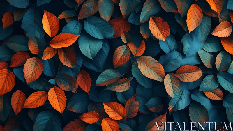 Digital foliage tessellation in cyan and ember leaf contrast.