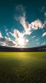 Sunlit stadium silence over emerald matchday carpet.