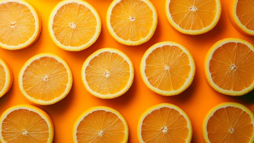 Orange halves lie in evenly spaced rows on orange background