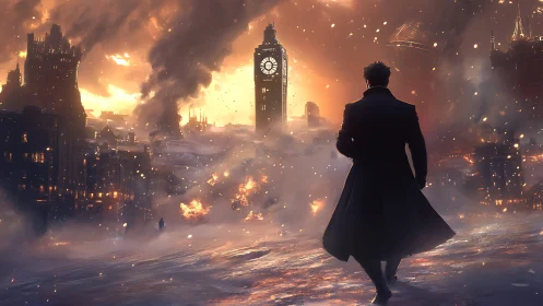 Chronometric silhouette amid incendiary steampunk cityscape.