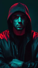 Neon shadows carve resolve into the hooded stranger&rsquo;s stare