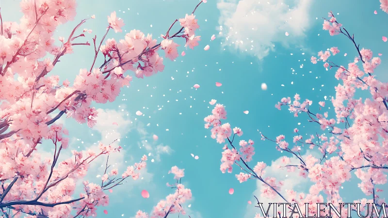 Pink blossoms cascade against turquoise sky.