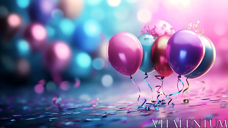 Iridescent Balloons Floating Against Bokeh Gradient.