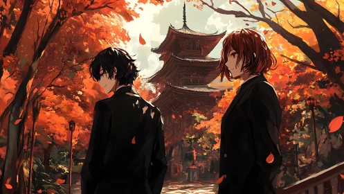 Autumn cloaks two solemn figures before a distant pagoda.
