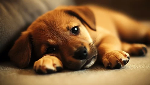 Sleepy brown puppy rests softly with warm, soulful eyes