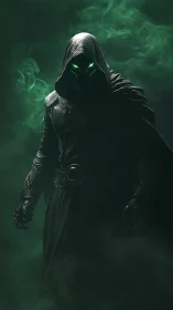 Mysterious hooded wanderer glowing in emerald mist.