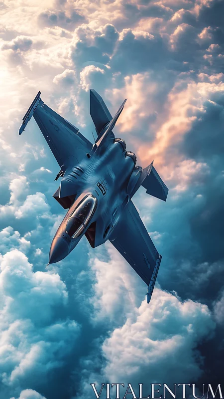 Fighter jet flies above dense cloud layer in angled climb