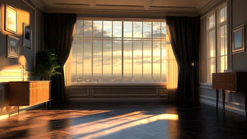 Sunlit luxury interior with panoramic city window view.