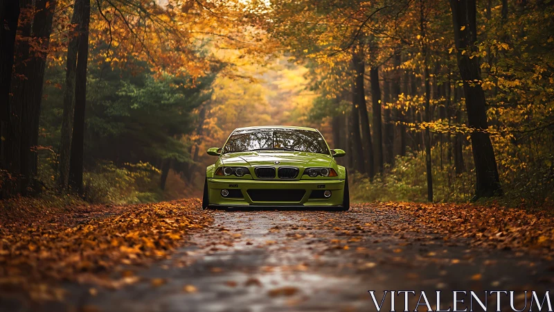Green sports coupe is parked on a leaf-covered forest road