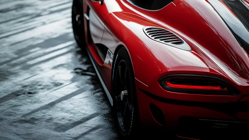 Red supercar rear gleams against a slick, rain-soaked track