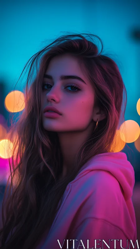 Neon twilight cradles a soft-gazed dreamer in glowing hush