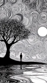 Solitary dreamer leans into a vortex-swirled monochrome night