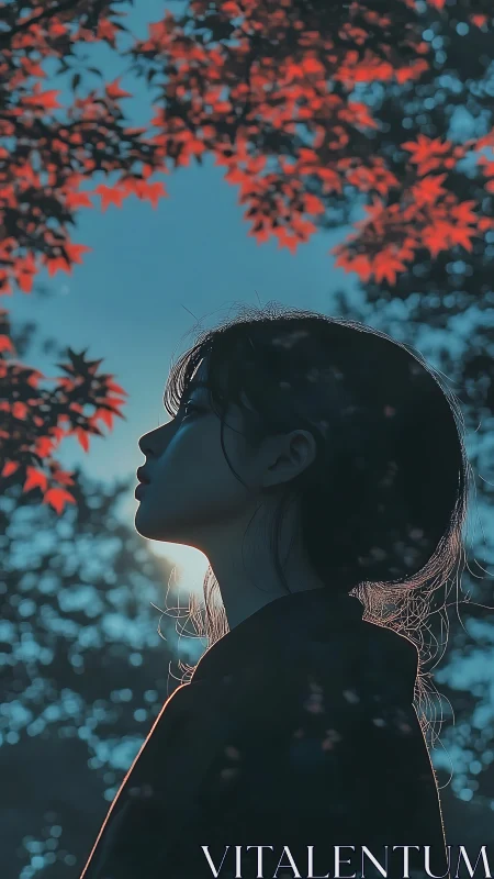 Backlit forest profile with cyan dusk and scarlet foliage.