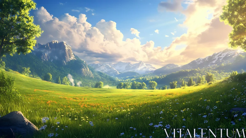 Digital landscape depicts open meadow with distant mountains