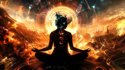 Digital painting of cosmic meditation silhouette in energy vortex.